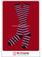 ถุงเท้าโกธิคโลลิต้าพังค์ ยาวเหนือเข่า ลายขวาง สีชมพูบานเย็น-ดำ