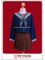 ชุดนักเรียนญี่ปุ่นแขนยาวสีน้ำเงิน ปกกะลาสีสีเทา กระโปรงน้ำตาล พร้อมถุงเท้าระดับเข่าสีดำ