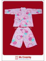 ชุดจินเบอิสำหรับผู้ใหญ่ หรือชุดลำลองญี่ปุ่น พื้นสีชมพูลายกุหลาบชมพูฟ้า