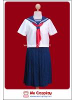 ชุดนักเรียนญี่ปุ่นแขนสั้นปกสีน้ำเงิน ผ้าพันคอสีแดง กระโปรงยาว