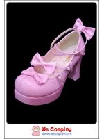 รองเท้าโกธิคโลลิต้าพังค์ คิวท์ปาร์ตี้ริบบ้อนฮีล สีชมพูเข้ม ผิวมัน