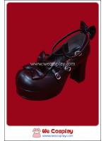 รองเท้าโกธิคโลลิต้าพังค์ คิวท์ปาร์ตี้ริบบ้อนฮีล สีดำ ผิวด้าน