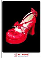 รองเท้าโกธิคโลลิต้าพังค์ คิวท์ปาร์ตี้ริบบ้อนฮีล สีแดง ผิวมัน