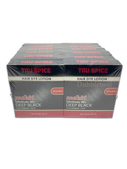 น้ำยารมดำเครื่องประดับ 1โหล/12กล่อง น้ำยาย้อมผมชนิดสามารถใช้ลงดำเครื่องประดับ น้ำยารมดำจิวเวลรี่ น้ำยาลงดำเครื่องเงิน น้ำยาย้อมผม โลชั่นย้อมผม สีดำ ทอสไพ้ซ์ Tau-spice hair dye lotion deep black