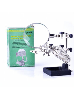 แท่นวางหัวแร้งบัดกรี และปากคีบจับยึดชิ้นงาน 2 แขน พร้อมแว่นขยาย 3 เท่า รุ่น JM508 สีเงิน Helping Hand magnifier with soldering stand 508 3X
