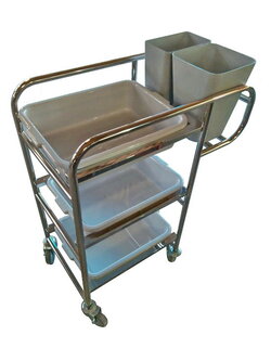 รถเข็นสเตนเลสเก็บจาน 3 ถาด 2 ถัง รุ่น 304