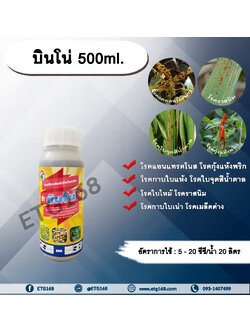 บินโน่ 500ml. ไดฟีโนโคนาโซล+อะซอกซีสโตรบิน สารป้องกันกำจัดโรคพืช กำจัดเชื้อรา โรคกาบใบแห้ง กาบใบเน่า ใบจุดสีน้ำตาล โรคเมล็ดด่าง โรคแอนแทคโนส โรคกุ้งแห้งพริก โรคราสนิม โรคใบไหม้ โรคใบจุด กรีนลีฟส์