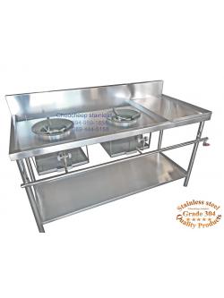 เตาแก๊ส สเตนเลส 2 หัว มีที่วางเครื่องปรุง (มีชั้นสเตนเลสวางของด้านล่าง)