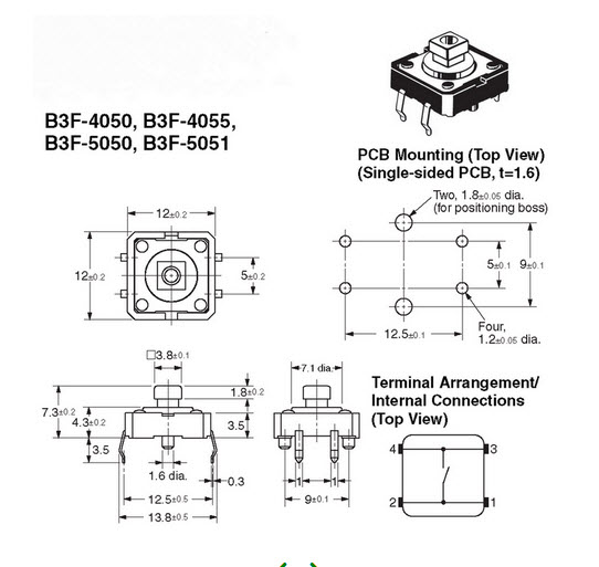 OMRON Push Button B3F-4055 12x12x7.3mm สวิตช์ กดติด-ปล่อยดับ