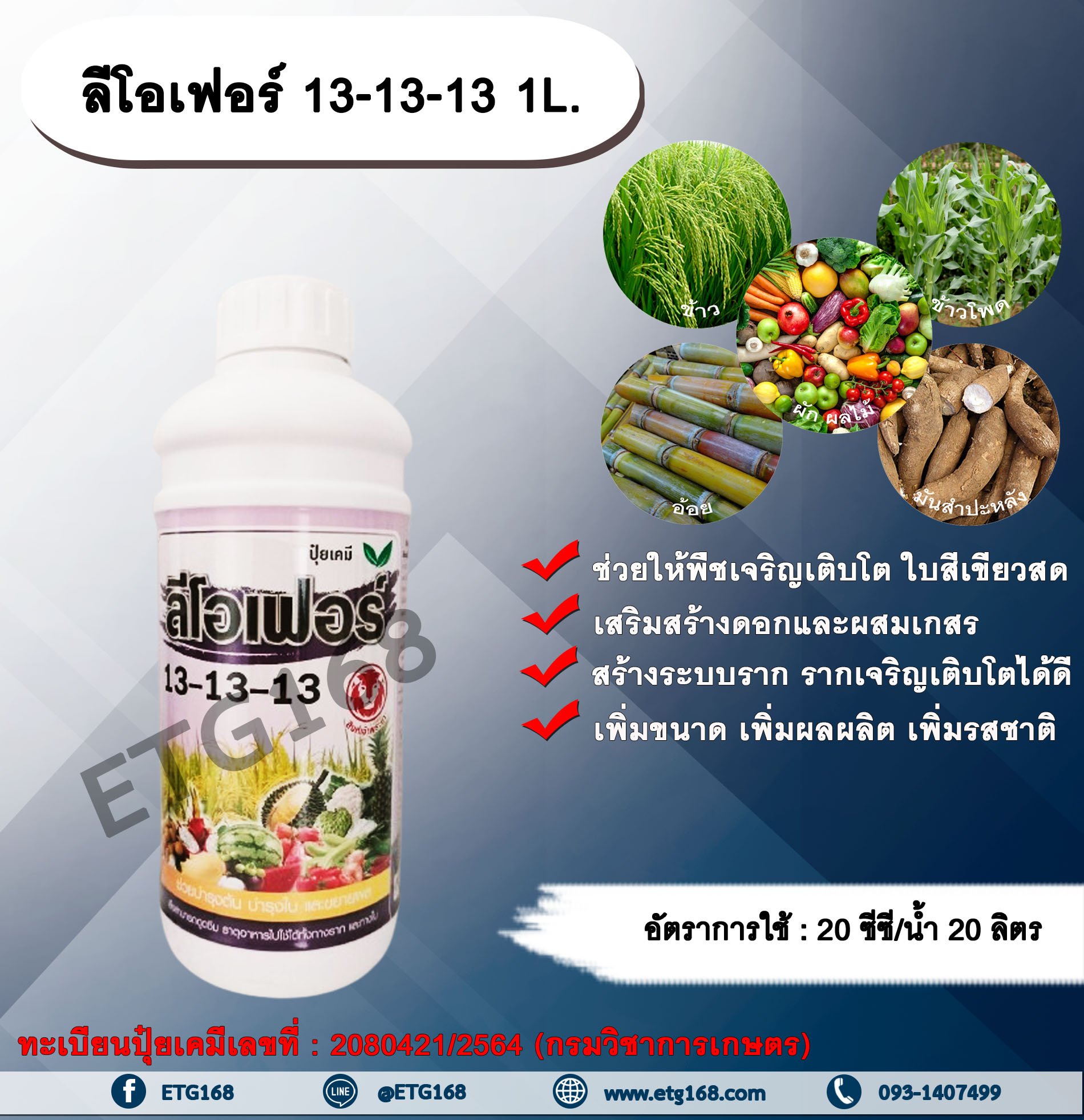 ลีโอเฟอร์ 13-13-13 1L. ช่วยให้พืชเจริญเติบโต ใบสีเขียวสด เสริมสร้างดอก ผสมเกสร สร้างระบบราก รากเจริญเติบโต เพิ่มขนาด เพิ่มผลผลิต เพิ่มรสชาติ ทุกช่วงการเจริญเติบโตของพืช ปุ๋ยน้ำ ฮอร์โมนพืช ปุ๋ยNPK ปุ๋ยน้ำNPK