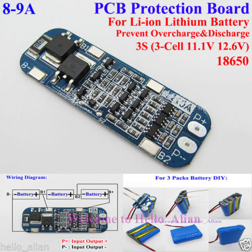 โมดูลป้องกัน แบตเตอรี่ลิเธียม ขนาด 3 เซล 11.1V 12.6V กระแสสูงสุด 10A