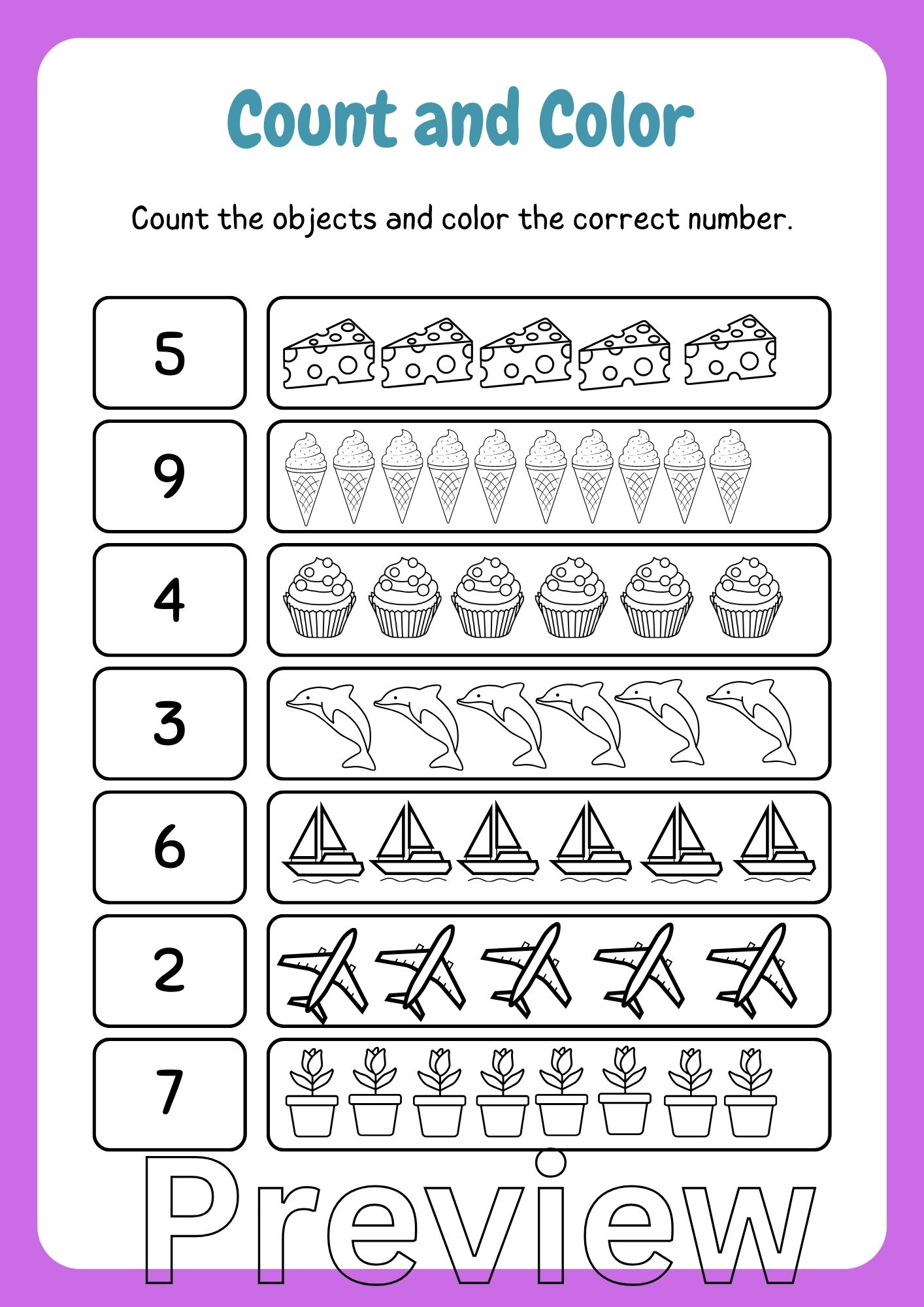 🔸️ไฟล์ pdf🔸️🍀ไฟล์ ใบงาน แบบฝึกนับตัวเลข และระบายสี สำหรับเด็กระดับ เตรียมอนุบาล - อนุบาล 1🍀Let's Count! and Color