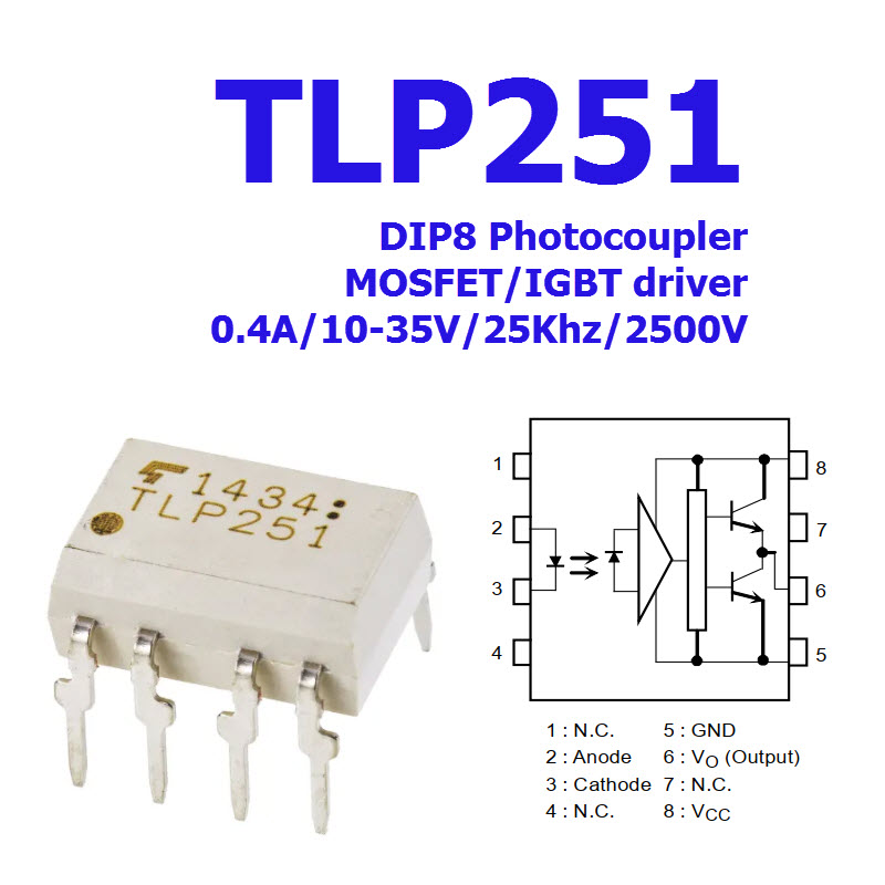 TLP251 Photocoupler MOSFET/IGBT driver 0.4A/10-35V/25Khz/2500V (ของแท้)