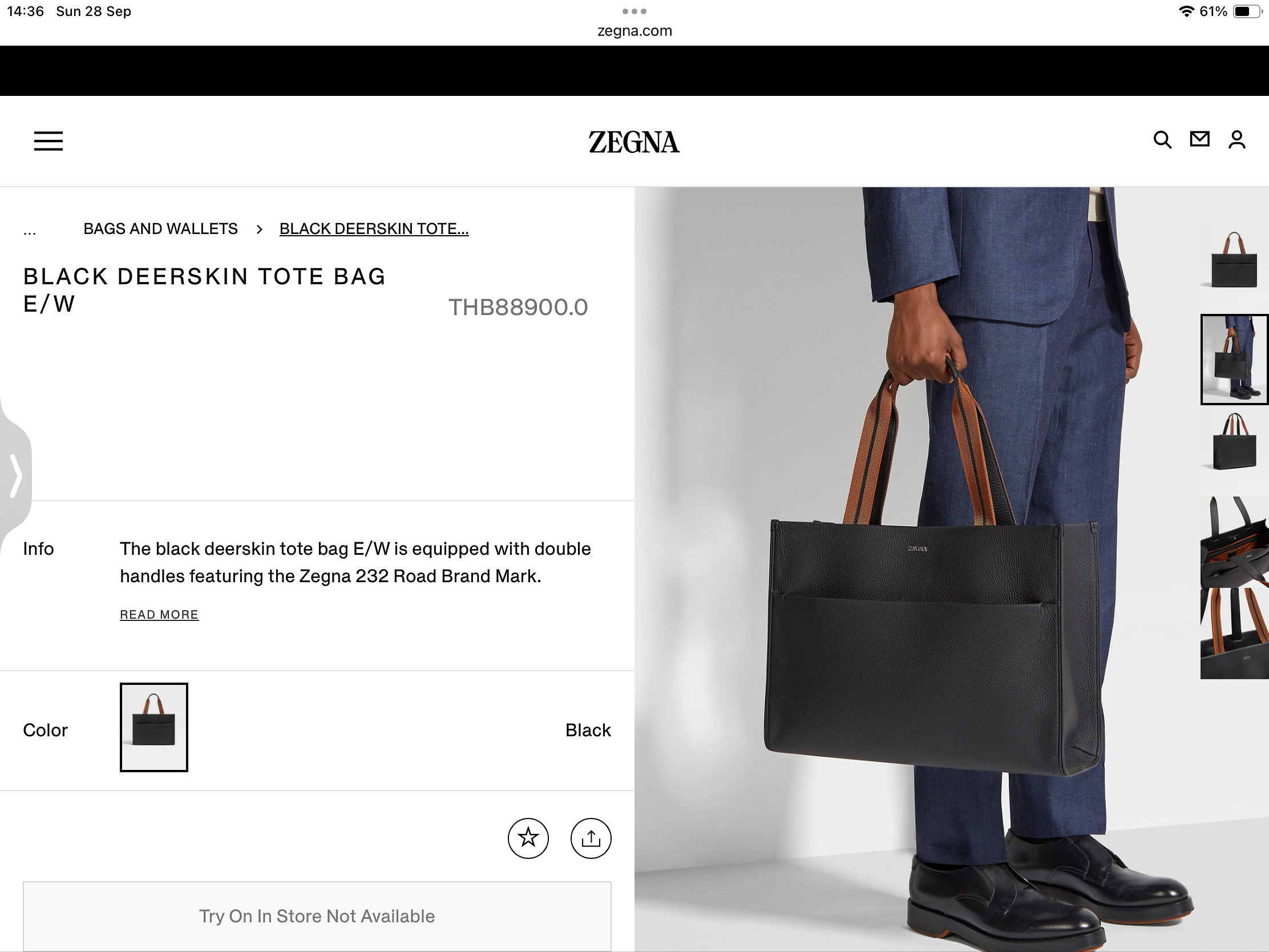 **do** กระเป๋าเดินทางหรือใส่เอกสาร Zegna BLACK DEERSKIN TOTE BAG หนังกวางนุ่ม สินค้าใหม่ ของแท้