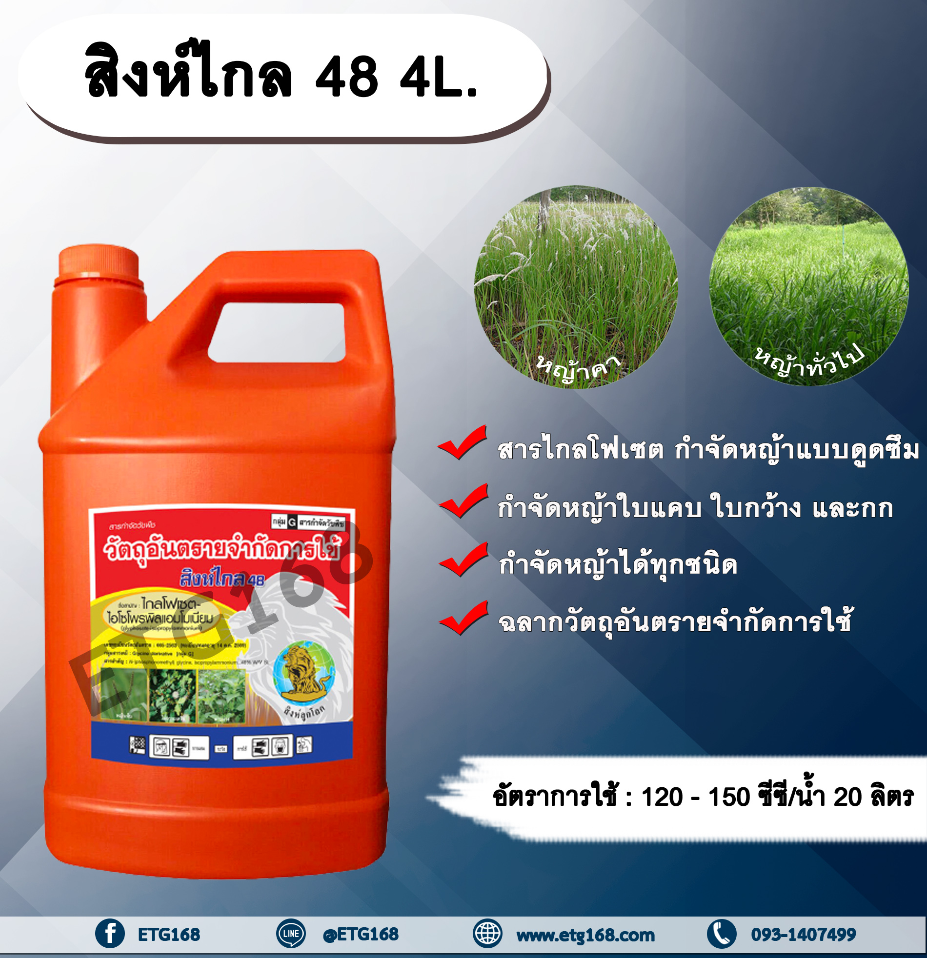 สิงห์ไกล 48 4L. ไกลโฟเซต สารกำจัดวัชพืช แบบดูดซึม กำจัดหญ้าทั่วไป หญ้าคา วัชพืชข้ามปี และกก ดูดซึมไม่เลือกทำลาย Glyphosate