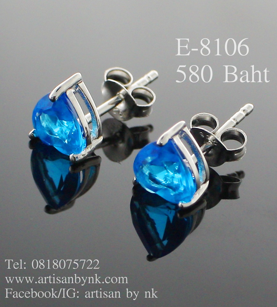 ต่างหูเงินแท้ชุบทองขาว ฝังเพชร CZ เกรด AAA สี Sky Blue