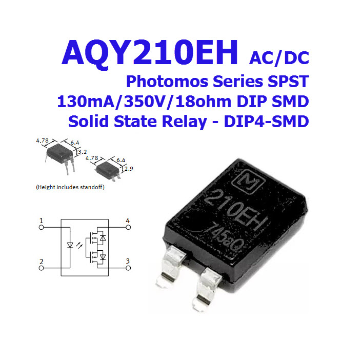 AQY210EH Photomos Series SPST 130mA/350V/18ohm AC/DC Solid State Relay - DIP4(SMD)