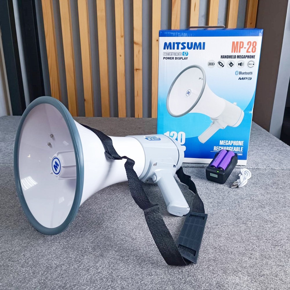 MITSUMI MP-28 โทรโข่ง 9นิ้วชาร์จได้ สีน้ำเงิน 120วัตต์ มีเสียงไซเรน อัดเสียงได้ MP 28 MP28 ชาร์จแบตได้ โทรโข่ง แถมแบตเตอร์รี เอไอ-ไพศาล