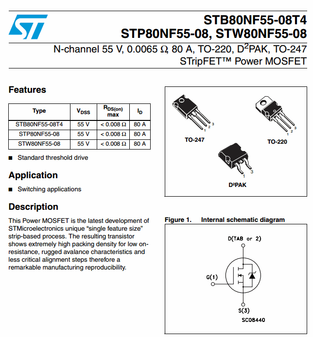STP80NF55-08 (TO-220) MOSFET N-Channel 55V/80A Rds(on) 8mΩ