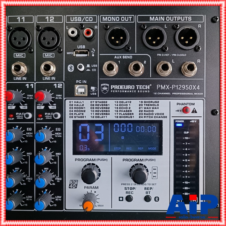 PROEUROTECH PMX-P12950 X4 POWERMIXER+บูลทูส เพาเวอร์มิกเซอร์ รุ่นใหม่ โปรยูโรเทค 12 ช่องไมค์ 4 ช่องขับลำโพง 950 วัตต์ ตัดความถี่ซับได้ PMXP12950X4 เอไอ-ไพศาล