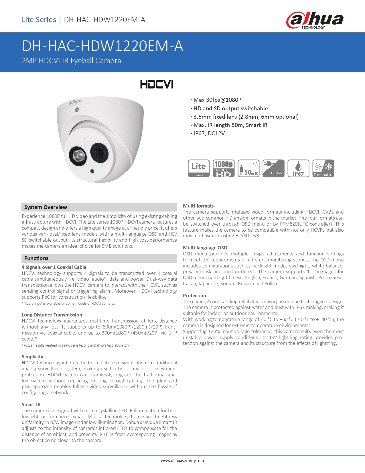 DAHUA กล้องวงจรปิด HDCVI 2MP รุ่น HAC-HDW1200EMP-A มีไมค์ Smart IR 50m.
