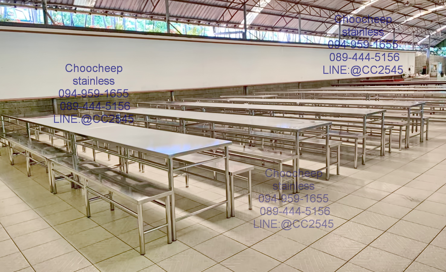 ชุดโต๊ะเก้าอี้สเตนเลสโรงอาหาร-คานบน 230 ซม.