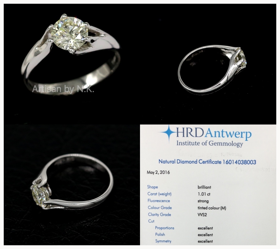 แหวนเพชร 18K white gold ฝังเพชรเม็ดเดี่ยวขนาด 1.01 กะรัต ราคาพิเศษ พร้อมใบเซอร์ HRD: VVS2, 3 EXCELLENT