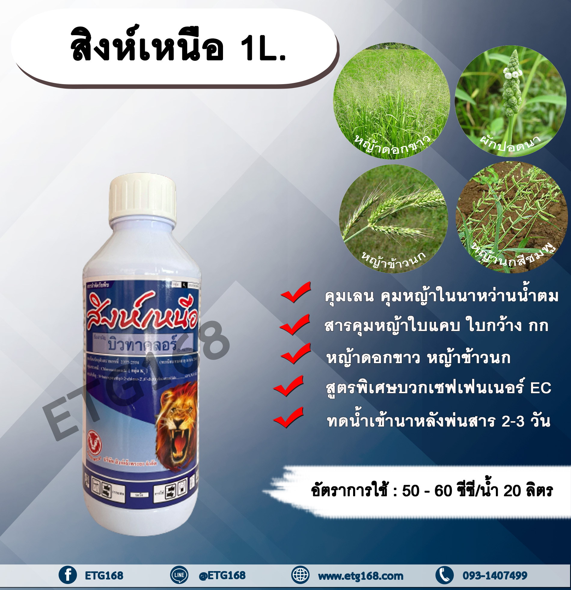 สิงห์เหนือ 1L. บิวทาคลอร์+เซฟเฟนเนอร์ EC คุมเลน นาหว่านน้ำตม สารคุมหญ้า คุมวัชพืช คุมหญ้าในนาข้าว