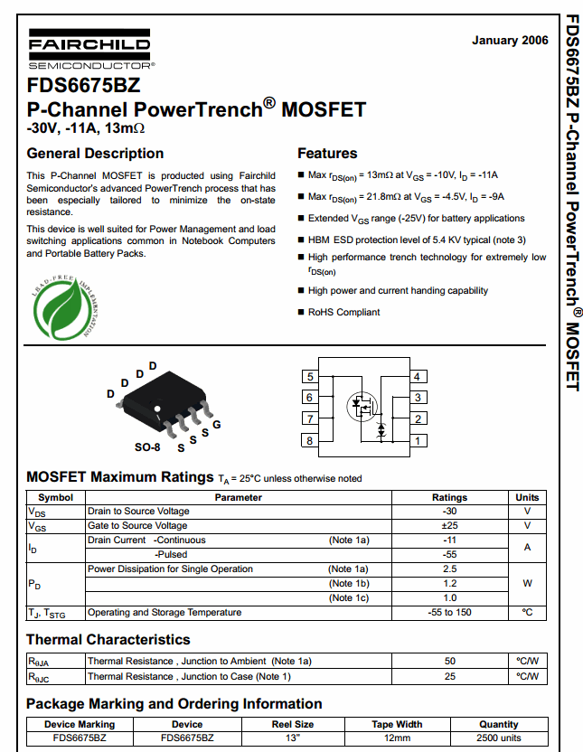 FDS6675BZ (SOIC-8) MOSFET P-Channel 30V/11A,2.5W Rds(on) 10.8mΩ