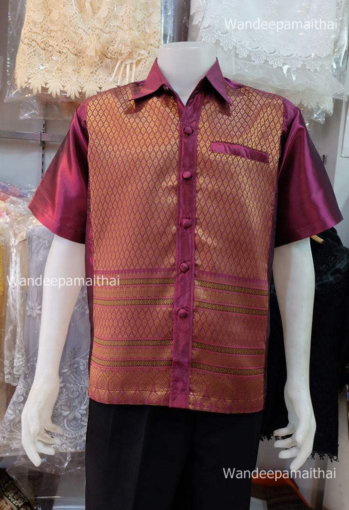 เสื้อผ้าไหมชาย (ไหมเกษตร) สีชมพูม่วง กระเป๋า3ใบ เบอร์M