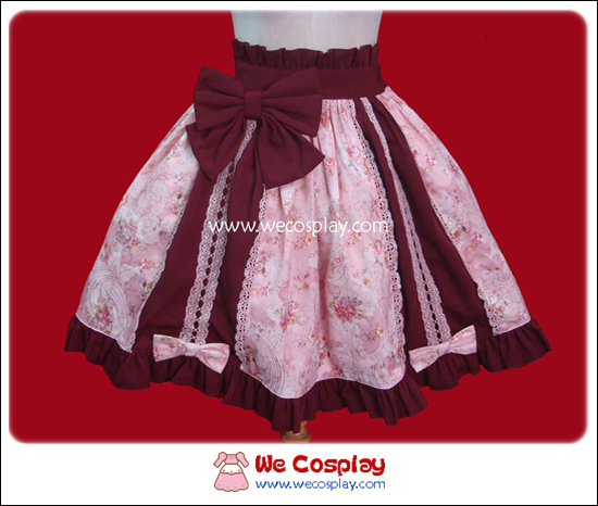 กระโปรงโลลิต้า สีชมพู+สีเลือดหมู ลายดอกไม้ (Pink Crimson Lolita Skirt)