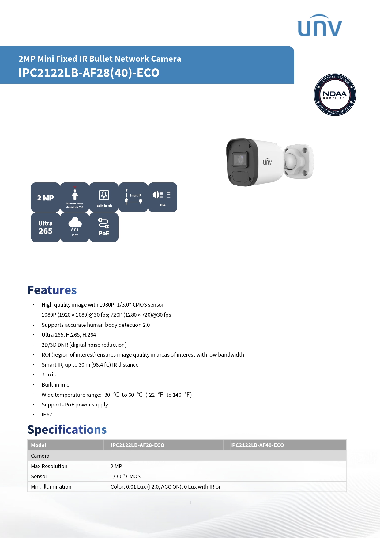 Uniview กล้องวงจรปิด CCTV IP รุ่น IPC2122LB-AF28-ECO 2MP