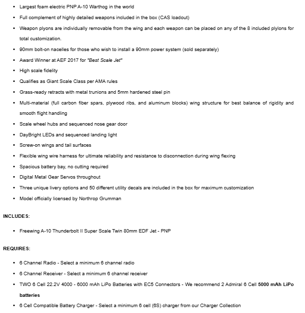 เครื่องบินโฟม ตัวลำ+ชุดไฟ Freewing A-10 Thunderbolt II Super Scale Twin 80mm EDF 6S Jet PNP (ไม่รวมวิทยุ รีซีฟ แบต)
