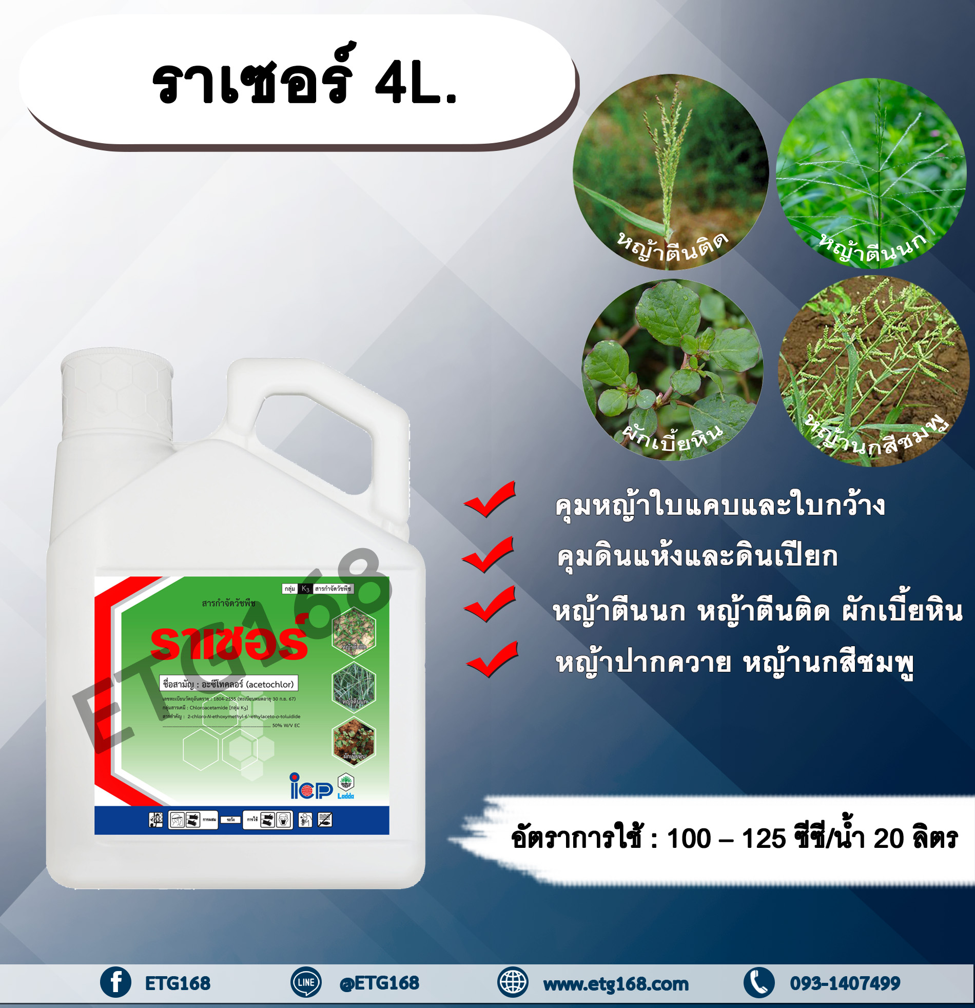 ราเซอร์ 4L.อะซีโทคลอร์ อะเซโทคลอร์ คุมหญ้า คุมแห้ง สารกำจัดวัชพืช ใบแคบ ใบกว้าง หญ้าตีนติด หญ้าตีนกา