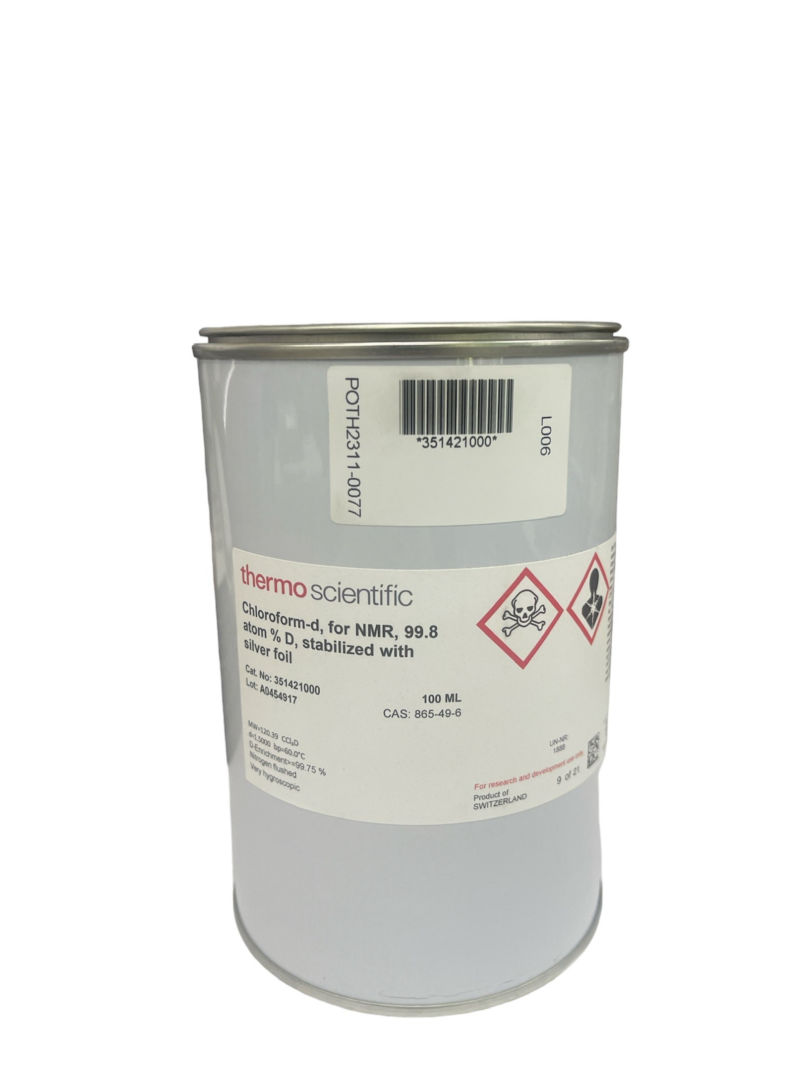 Chloroform-D for NMR, 100 ml -Thermoscientific USA