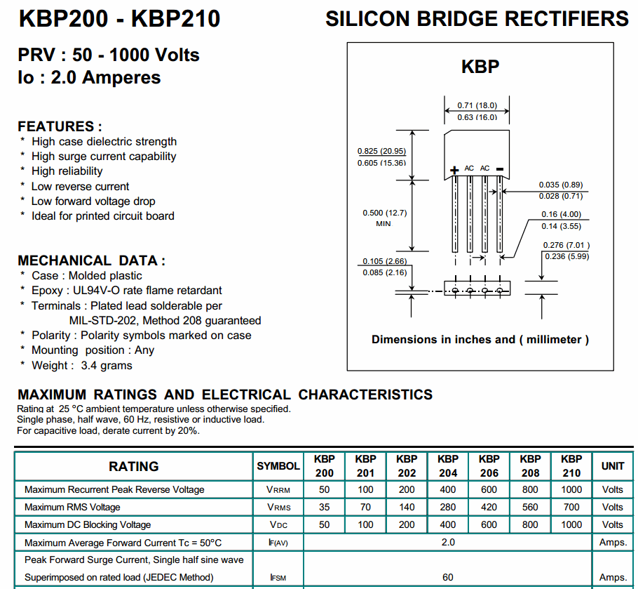 KBP210 ไดโอดบริดจ์ 2A 1000V (Diode Bridge)