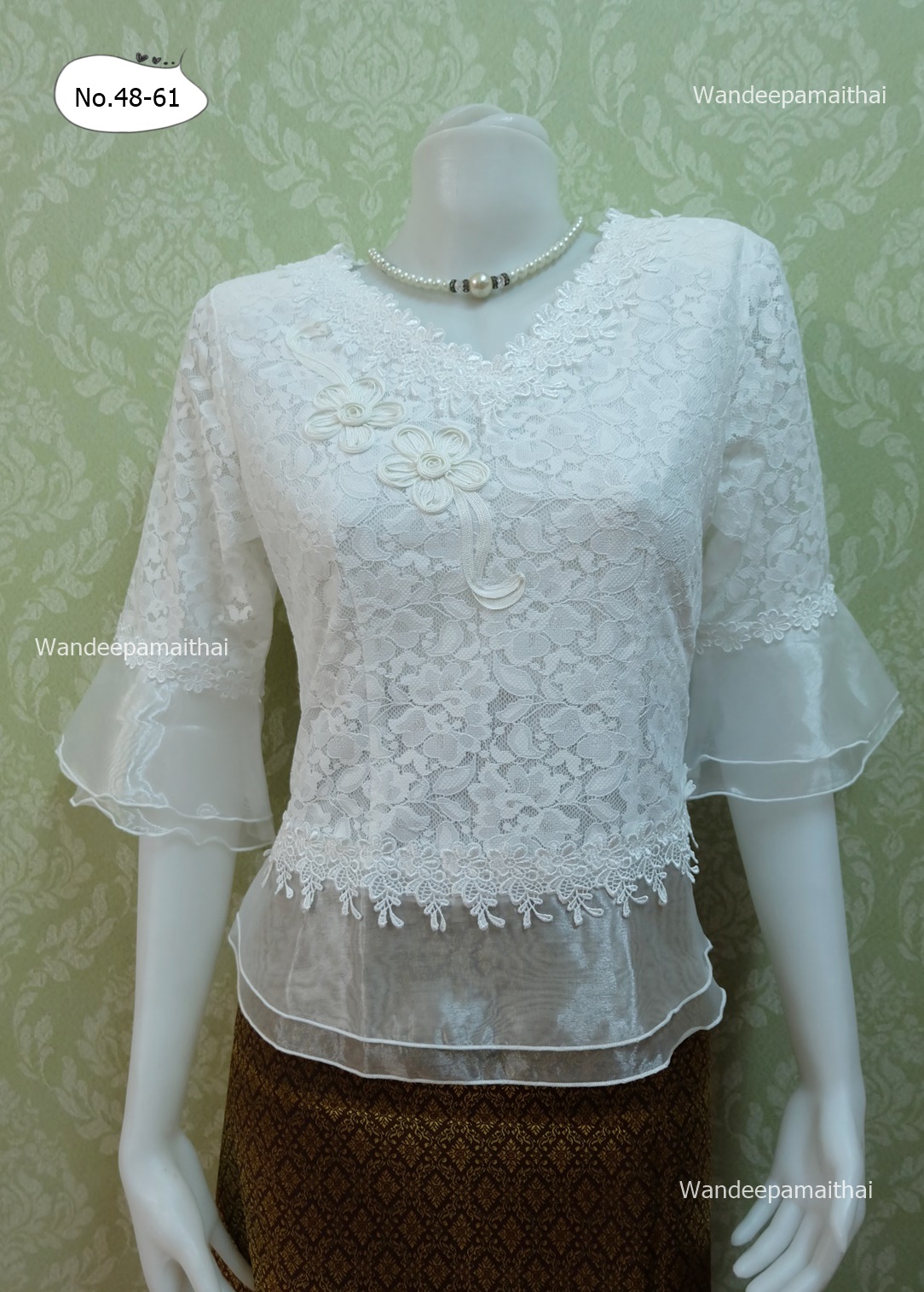เสื้อลูกไม้ คอวี แขนระบายผ้าแก้ว ชายระบายผ้าแก้ว (สีขาว) เบอร์ 42 เล็ก อกเสื้อ40 นิ้ว