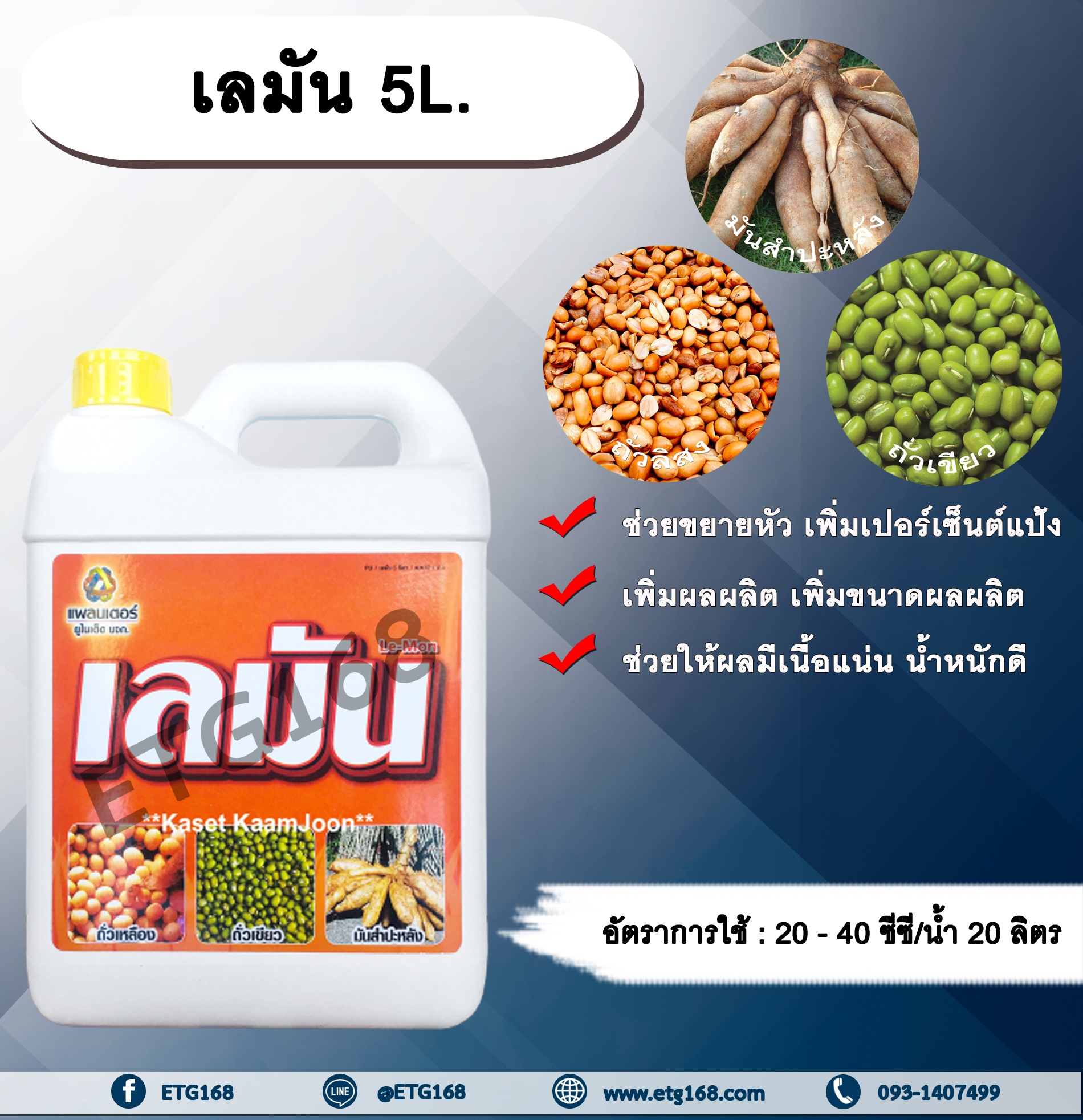 เลมัน 5L. ขยายหัวมัน มันหัวโต เพิ่มเปอร์เซ็นต์แป้ง เพิ่มผลผลิต เพิ่มขนาดผลผลิตช่วยให้ผลมีเนื้อแน่น น้ำหนักดี ฮอร์โมนพืช