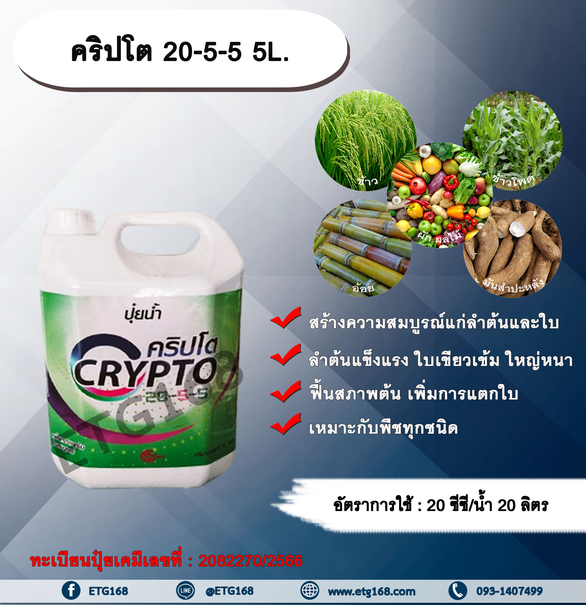 คริปโต 20-5-5 5L.ปุ๋ยน้ำ เร่งต้น เร่งใบ พืชเจริญเติบโต ต้นสมบูรณ์ ใบเขียวเข้ม ฟื้นสภาพต้น แตกใบ ใบเขียว ต้นโต