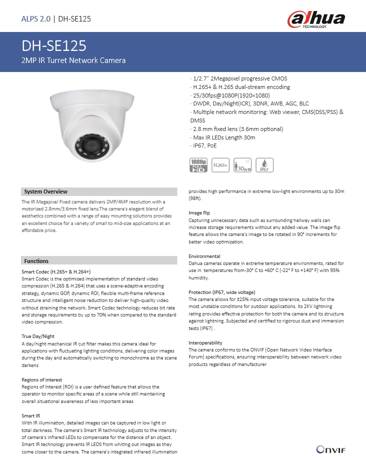 กล้องวงจรปิด Dahua 2MP Dome Network Camera รุ่น DH-SE125 (3.6mm)