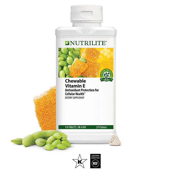 Nutrilite Chewable Vitamin E 270 tablets แบบเคี้ยว มีรสชาติที่ดี กลิ่นเมเปิ้ล ให้ความหวานด้วยน้ำผึ้งจากธรรมชาติ