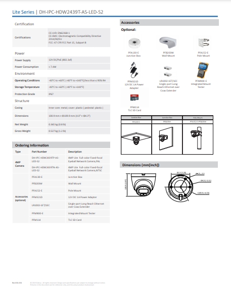 กล้องวงจรปิด Dahua 4MP Full-color Fixed-focal Eyeball Network Camera รุ่น DH-IPC-HDW2439T-AS-LED-S2 (2.8mm)