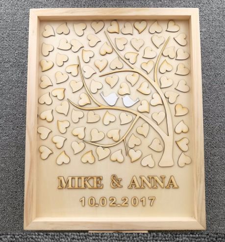 Guest Book DIY ดีไซน์เป็น กรอบรูปไม้ ด้านใน ออกแบบเป็น ต้นไม้ มีนกคู่รัก ตกแต่งด้วยหัวใจไม้ ใช้แทนสมุดเขียนคำอวยพร งานแต่งงาน แบบไม่เหมือนใคร 944800