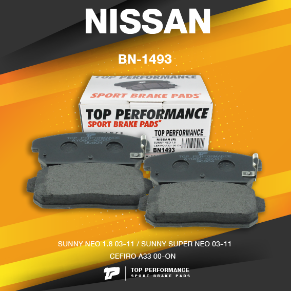 TOP PERFORMANCE (ประกัน 3 เดือน) ผ้าเบรคหลัง NISSAN SUNNY NEO / SUPER NEO 03-11 CEFIRO A33 - MADE IN JAPAN - BN 1493 / BN1493 - ผ้าเบรก นิสสัน ซันนี่ นีโอ