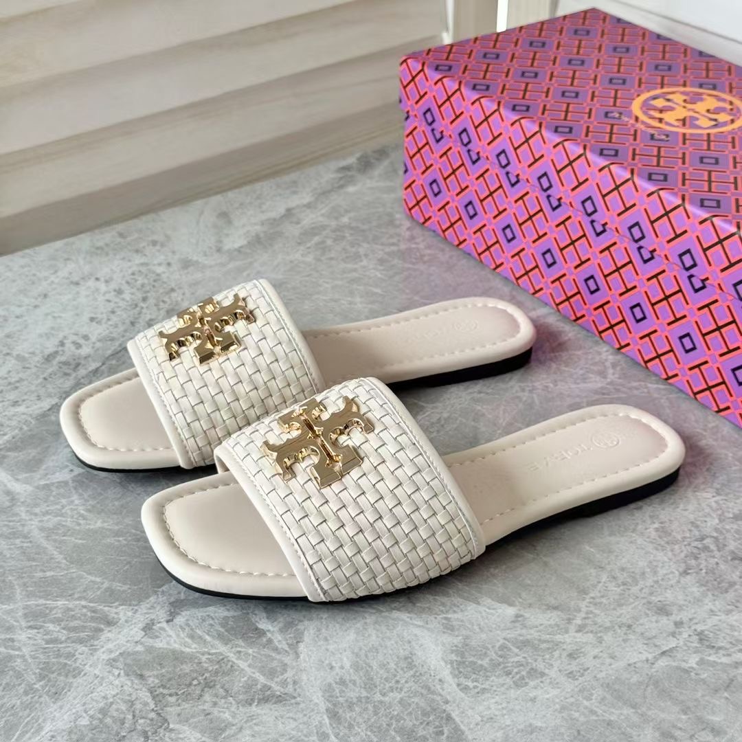 **do** รองเท้าแตะหนังแท้ Tory Burch โลโก้สีทอง ของผู้หญิง สินค้าใหม่ ของแท้
