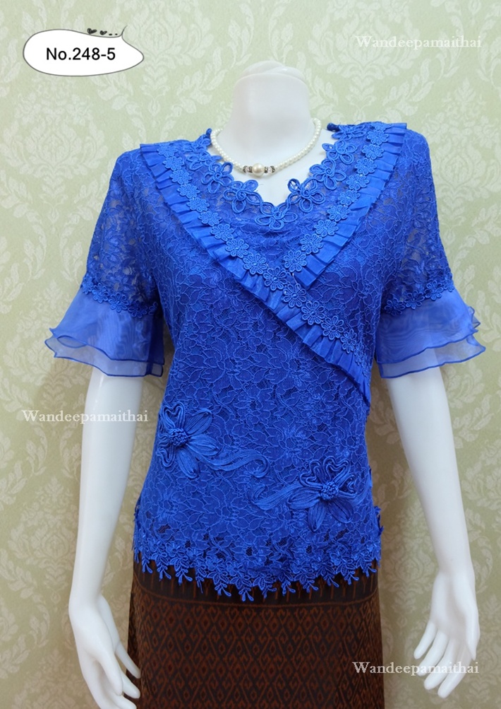 เสื้อลูกไม้ ระบายผ้าแก้ว สีฟ้าเข้ม เบอร์ L อกเสื้อวัดเต็ม 38 นิ้ว