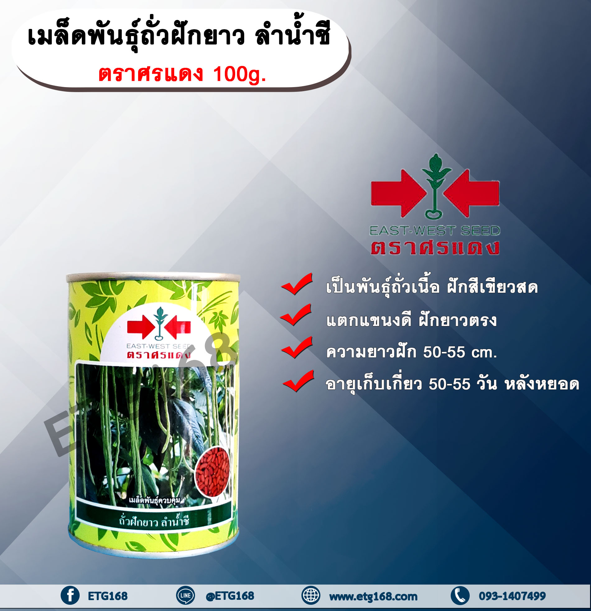 เมล็ดพันธุ์ถั่วฝักยาว ลำน้ำชี ตราศรแดง 100g. กระป๋อง เมล็ดพันธุ์ เมล็ดพันธุ์ผัก เมล็ดพันธุ์พืช ถั่วฝักยาว ผักสวนครัว ต้นแข็งแรง ฝักยาวตรง สีเขียวสด ติดฝักดก สม่ำเสมอ เมล็ดพันธุ์ควบคุม ศรแดง