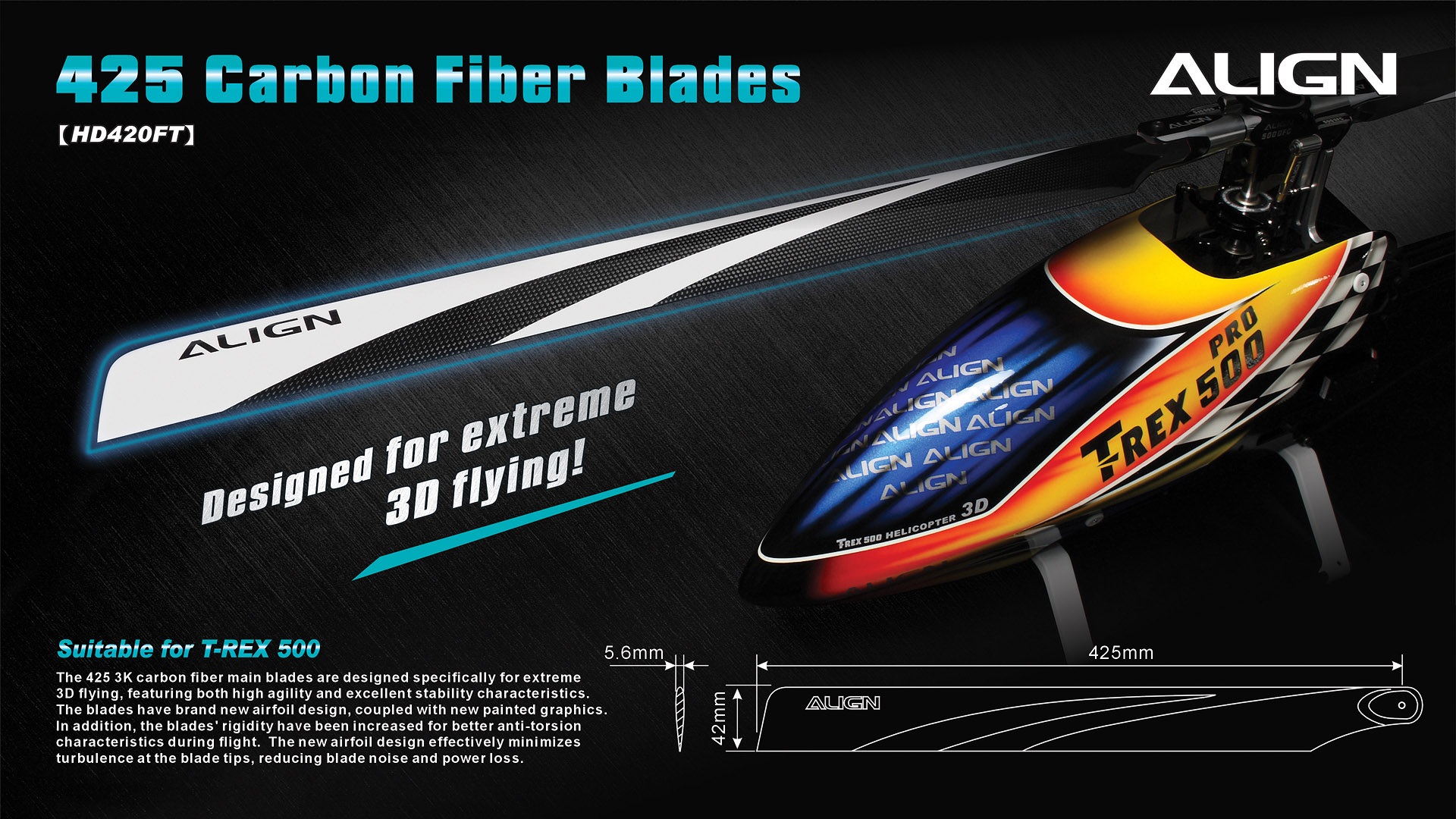 เบลด เฮลิคอปเตอร์ไซด์ 500 ขนาด 425mm. 425 Carbon Fiber Blades(B)