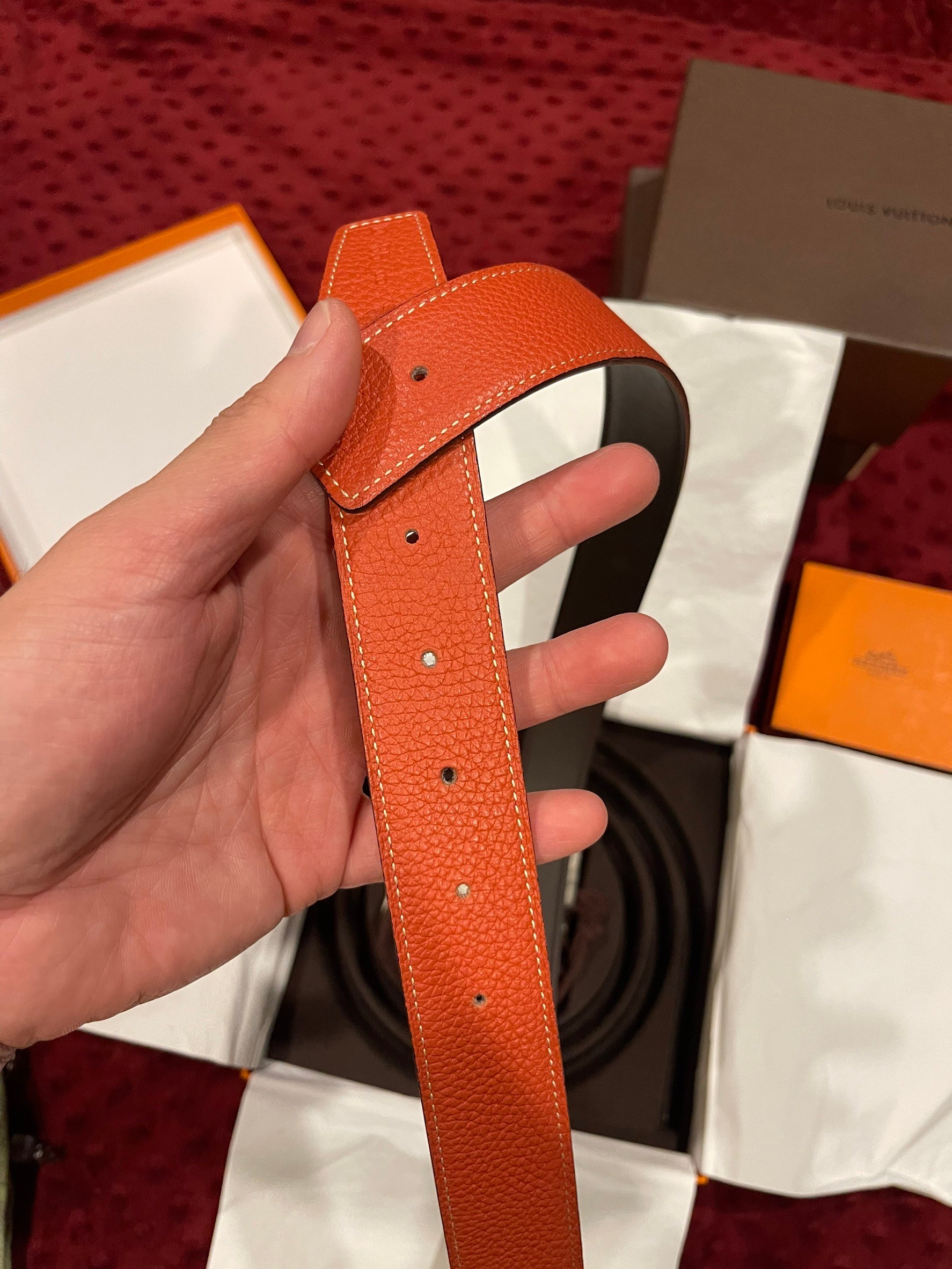 เข็มขัด Hermes Reversible leather strap 32 mm น้ำตาลเข้ม / Orange ขนาด 85 CM