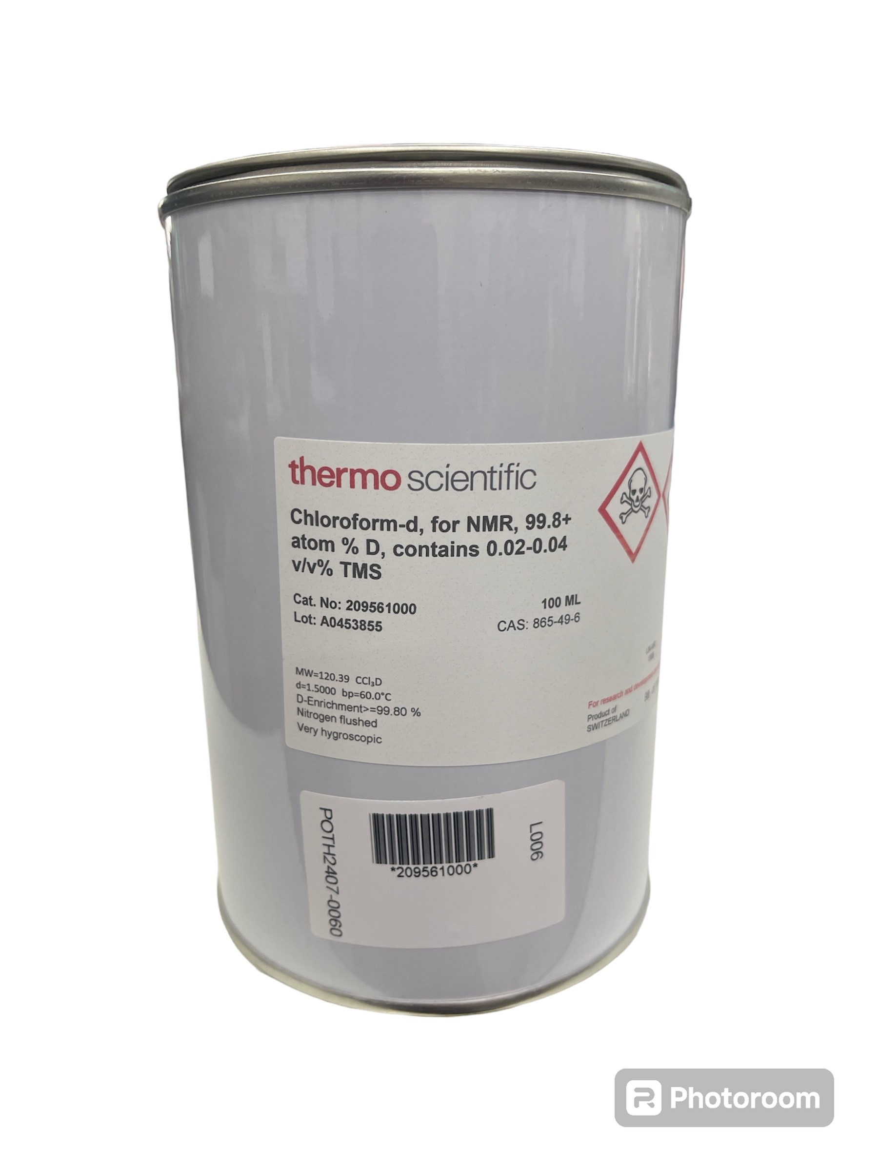 Chloroform-D for NMR, 100 ml -Thermoscientific USA